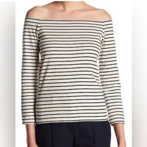 Theory Arpine  Striped Off Shoulder Top, Black/White, Size M, 100% Cotton.